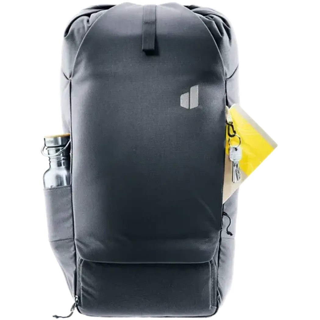 Back view of the Deuter Utilion 30 black backpack showing a water bottle pocket and a yellow tag with keys on the side.