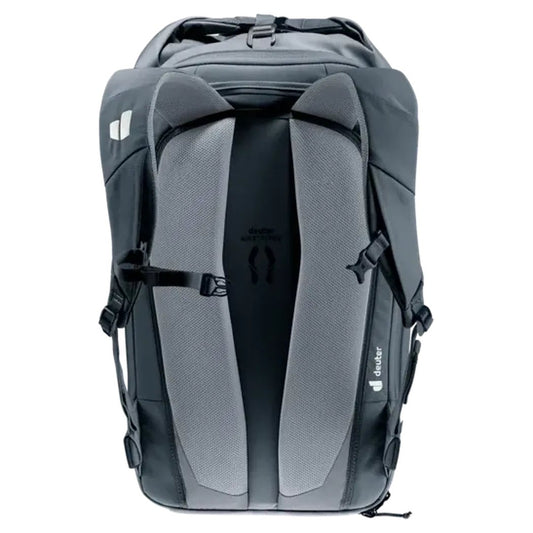 Back view of the Deuter Utilion 30 backpack in Black showing the padded shoulder straps and brand logo against a white background.
