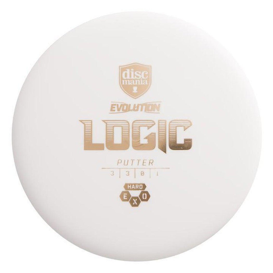 A top-down view of the white Discmania Hard Exo Logic disc golf putter with gold text and a white background.