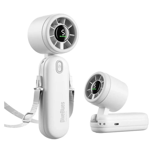 Side view of the white Diveblues iTurbo Handheld Fan with a digital display and strap against a white background.