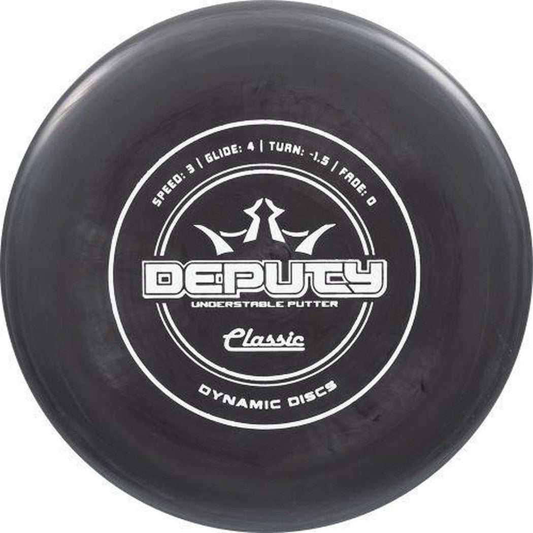 A top-down view of the Dynamic Discs Classic Deputy disc golf putter in pink showing the speed and glide ratings on the face.