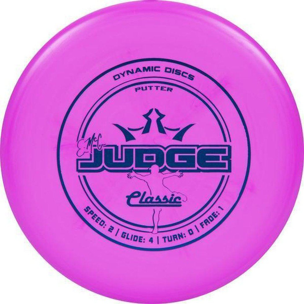 A top-down view of the Dynamic Discs Classic EMAC Judge disc golf putter in blue showing the "Speed: 2" rating and a silhouette graphic.
