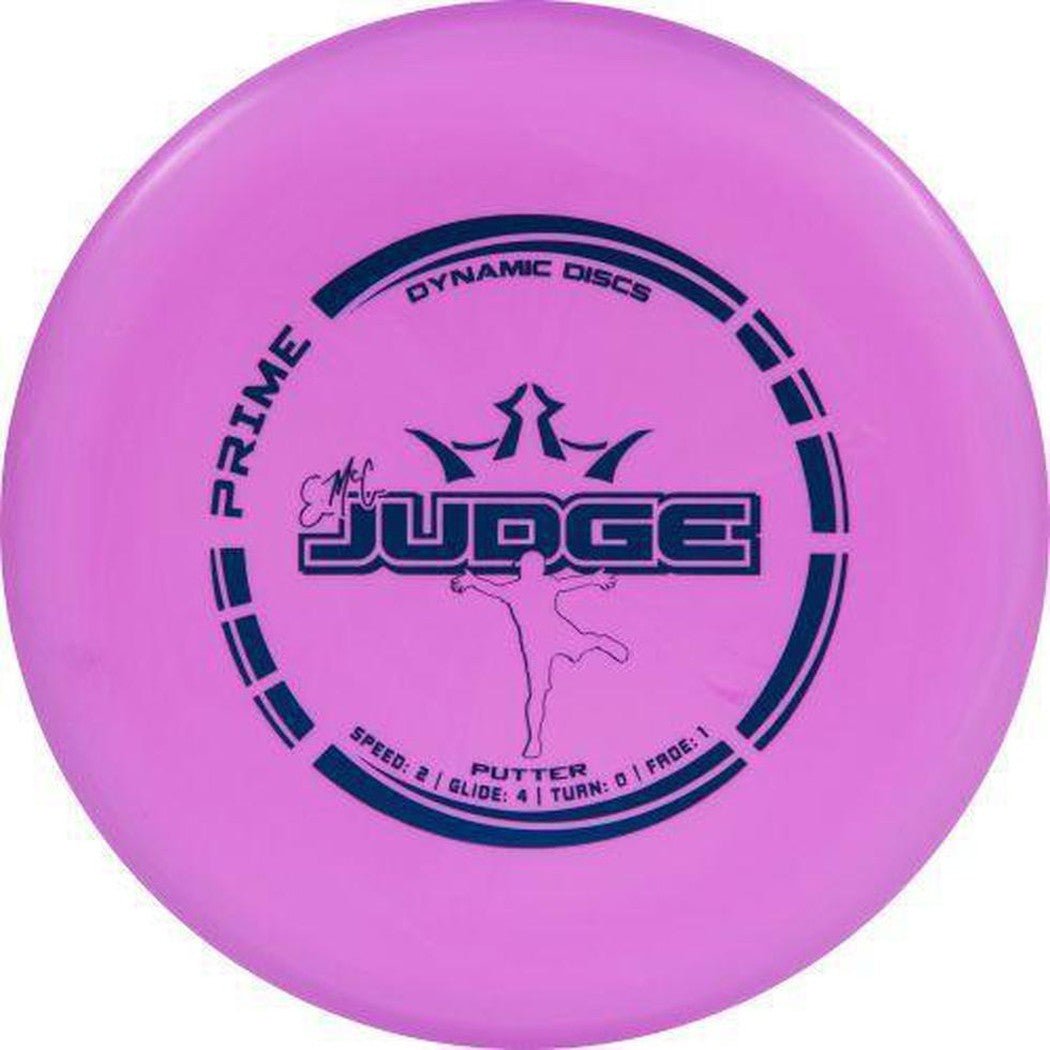 A top-down view of the pink Dynamic Discs Prime EMAC Judge disc golf putter with a white background.