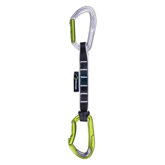 A side view of the Edelrid Bulletproof Set in Oasis color showing the quickdraw with a black strap and two carabiners against a white background.