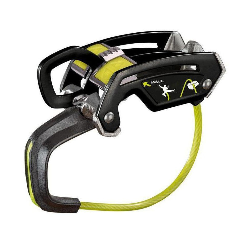 Side view of the Edelrid Giga Jul in Slate showing the manual release feature and yellow rope against a white background.