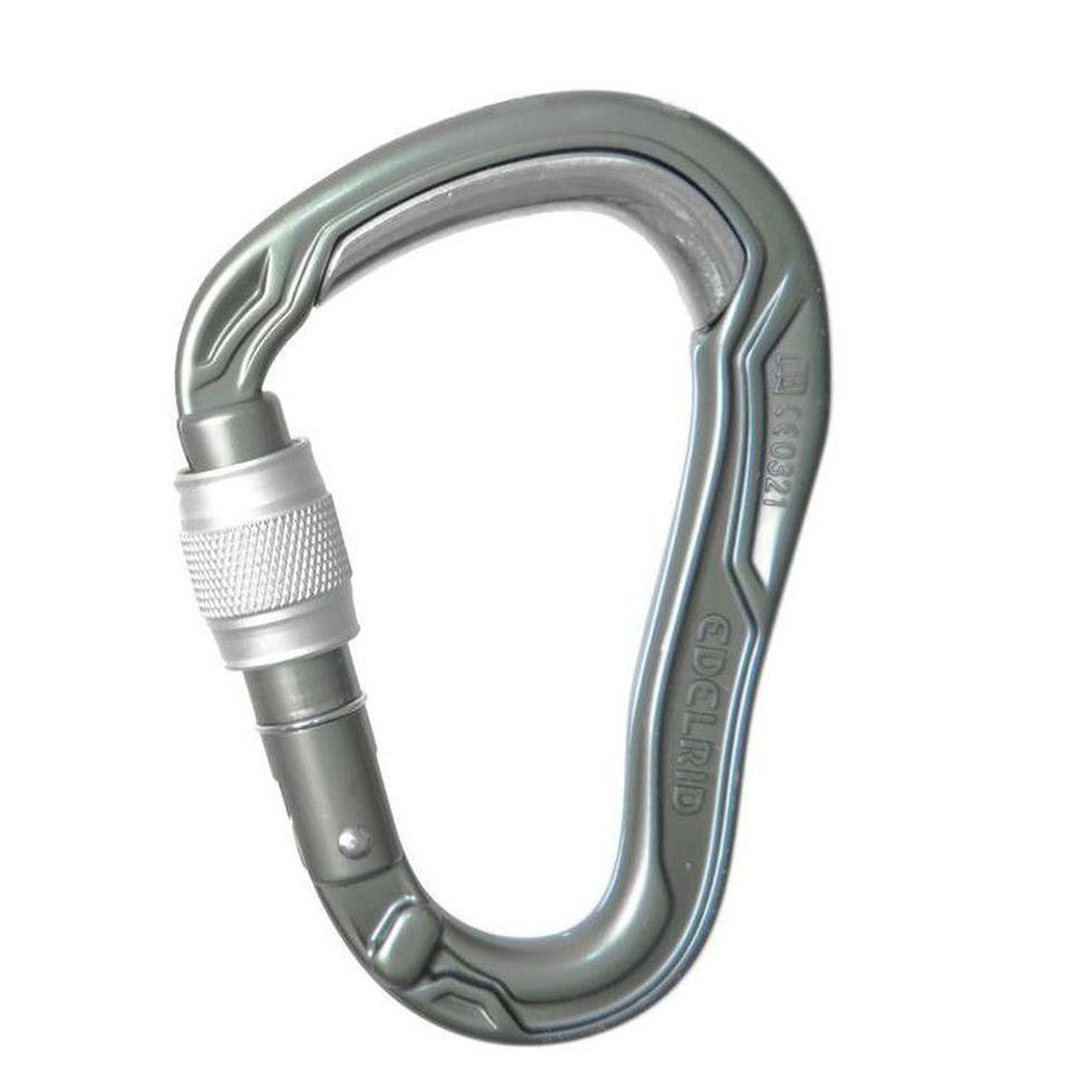 A side view of the Edelrid HMS Bulletproof Screw carabiner in Slate color showing the screw gate and a white background.