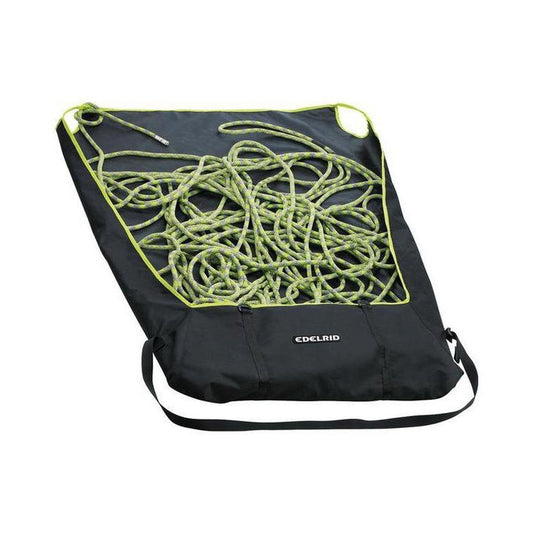 A black Edelrid Liner rope bag with a green rope inside, showing the brand name and shoulder strap.