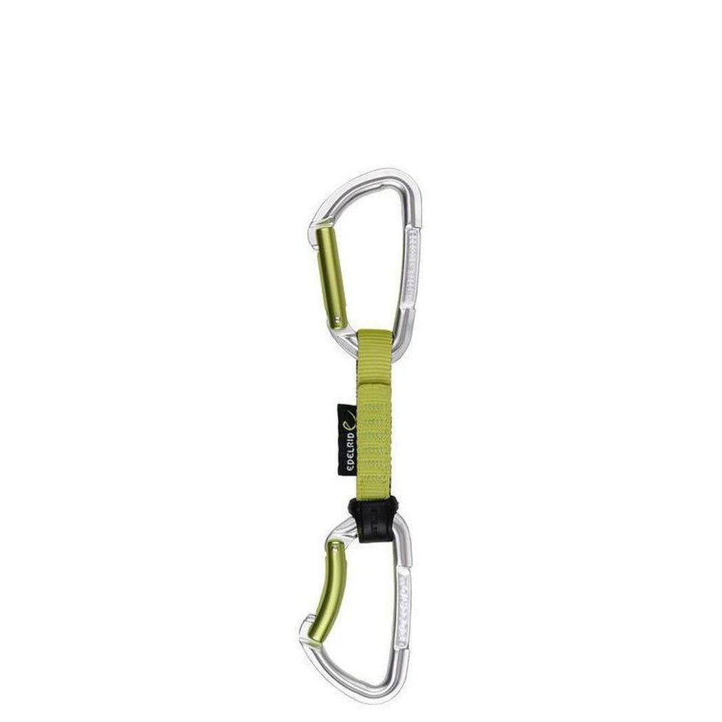 A front view of the Edelrid Slash Set 10cm in Night/Oasis color with two carabiners and a green webbing strap against a white background.