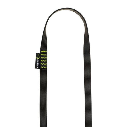 A side view of the Edelrid Tubular Sling 16mm in Slate/Icemint showing the webbing and a tag against a white background.
