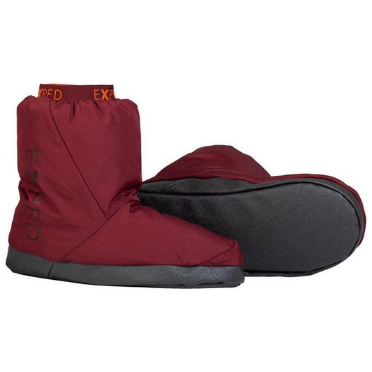 Side view of the Burgundy Exped Camp Booty showing the black outsole against a white background.