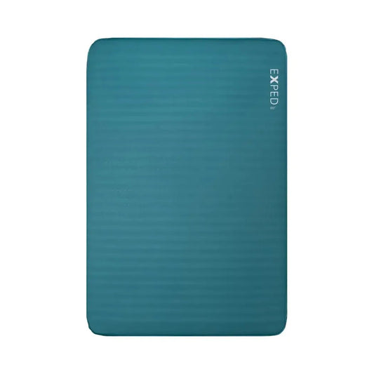 A teal Exped MegaMat Duo sleeping pad shown from the front with the brand name visible on the right side against a white background.