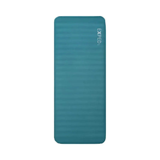 Side view of the teal Exped MegaMat showing the brand name on the top right against a white background.