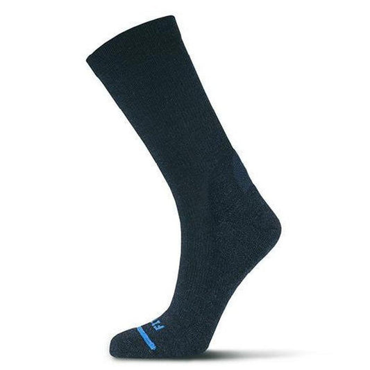 Side view of the FITS Casual Crew Black sock with a blue stripe on the toe against a white background.