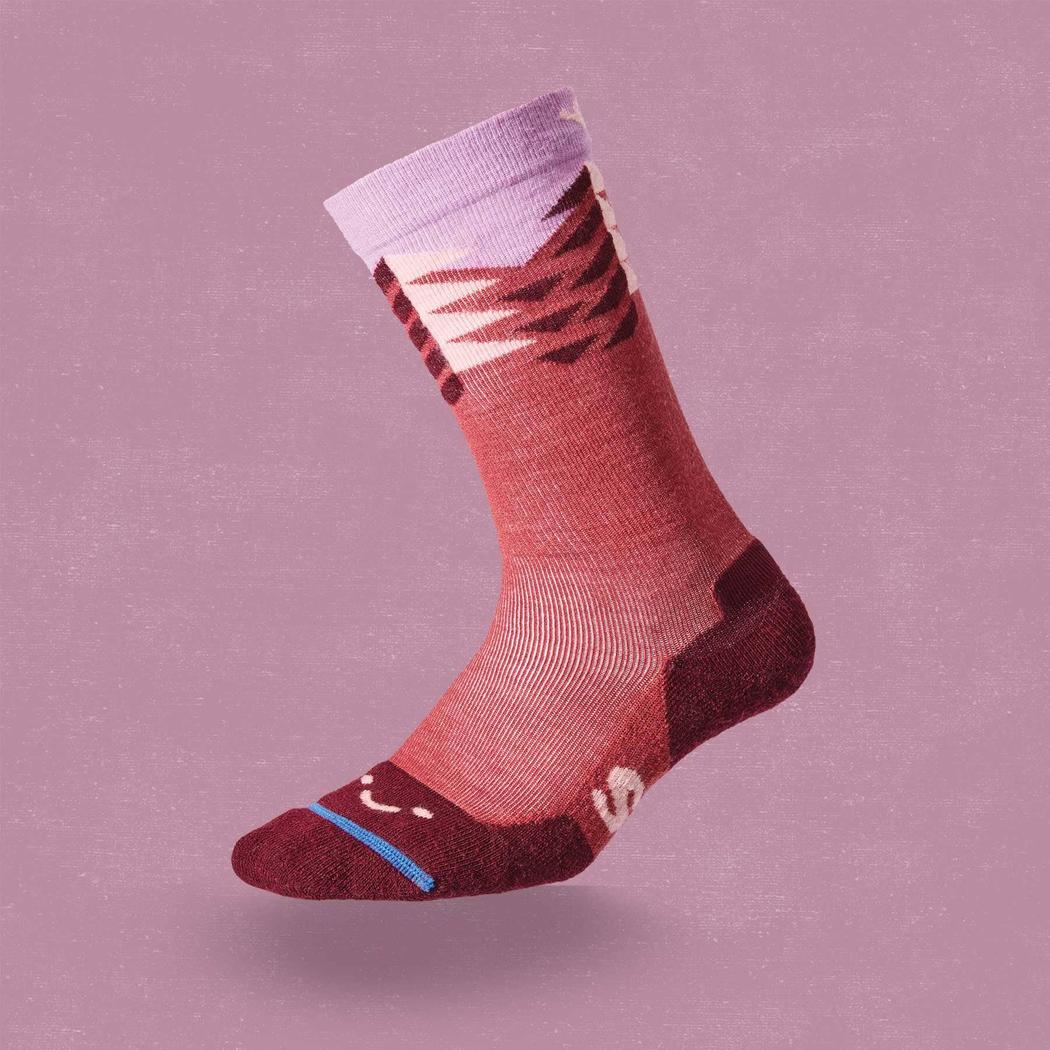 Side view of the FITS Light Hiker Crew - Stand Fir socks with a Steel Blue toe and heel against a solid background.