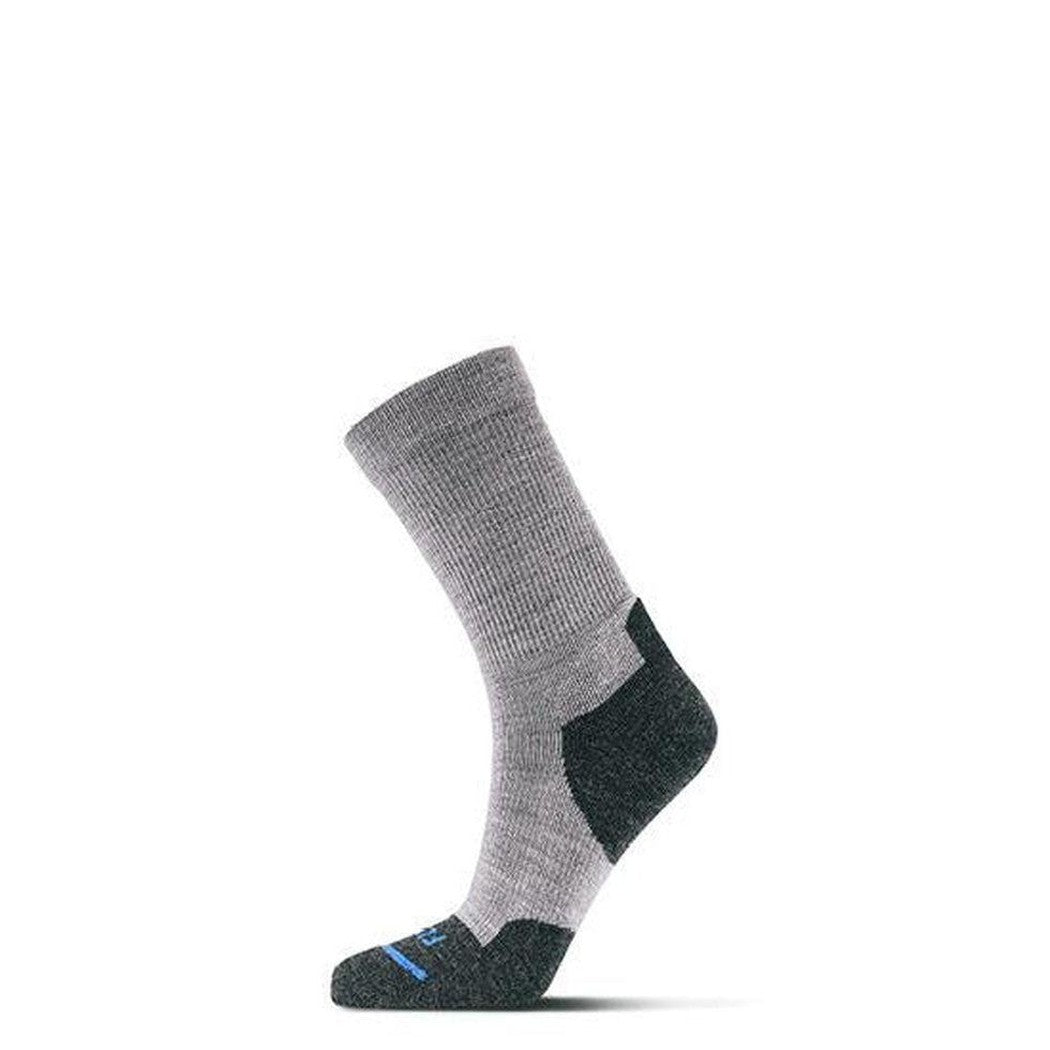 Side view of the FITS Light Hiker Crew socks in Brown with charcoal heel and toe, against a white background.