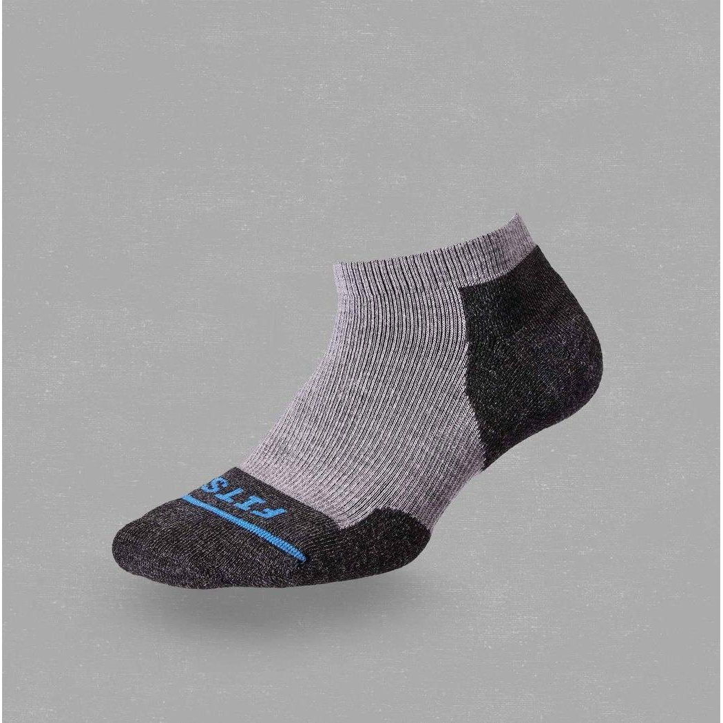 A light grey and charcoal FITS Low Easy Fit Light Low sock with a blue logo on the toe, shown from a side angle against a grey background.