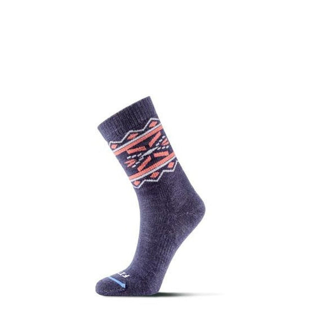 Side view of the FITS Medium Hiker (Breck) Crew sock in Navy with a geometric pattern on the calf, against a white background.