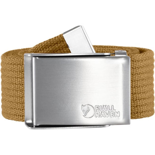A front view of the Fjallraven Canvas Belt in Black with a silver buckle against a white background.