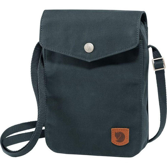 A front view of the Fjallraven Greenland Pocket in Black showing the flap closure and adjustable strap against a white background.