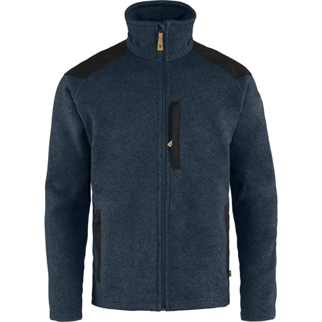 A front view of the Fjallraven Men's Buck Fleece in Chestnut showing the high collar and zippered chest pocket against a white background.