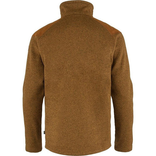 Back view of the Fjallraven Men's Buck Fleece in Chestnut showing the high collar and shoulder patches against a white background.