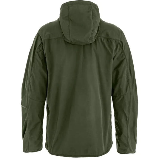 Back view of the Fjallraven Men's High Coast Wind Jacket in Deep Forest showing the hood and long sleeves against a white background.
