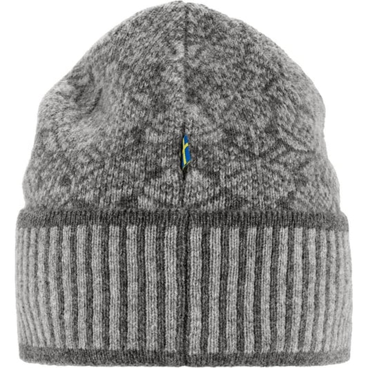 A front view of the Fjallraven Snow Beanie in Grey showing the ribbed cuff and a small logo on the front against a white background.
