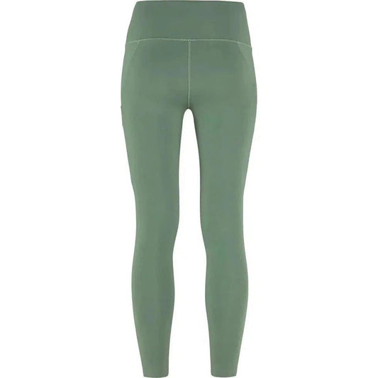 Back view of the Fjallraven Women's Abisko Tights in Patina Green against a white background.
