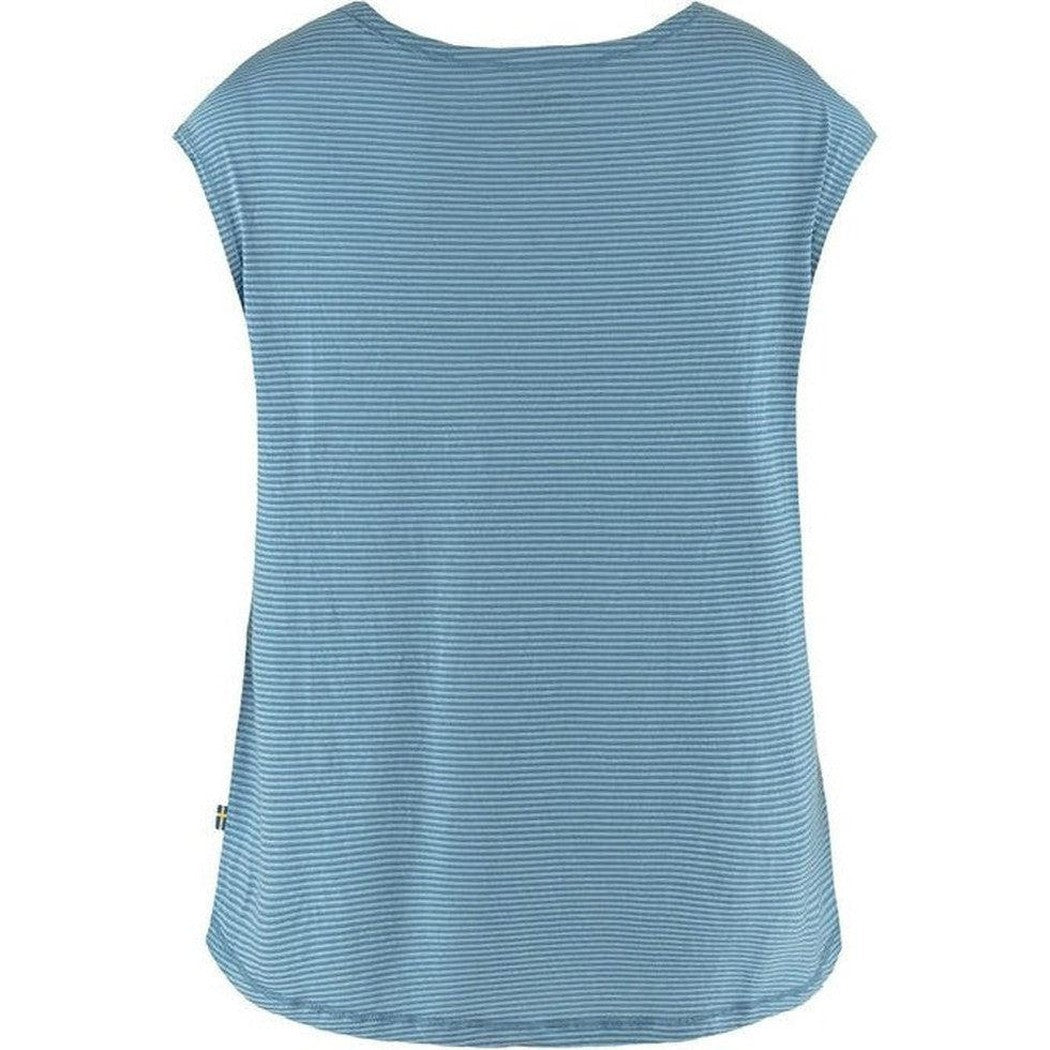 Back view of the Fjallraven Women's High Coast Cool T-Shirt in Dawn Blue with a small tag on the side against a white background.