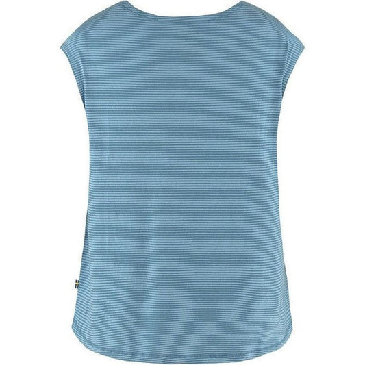 Back view of the Fjallraven Women's High Coast Cool T-Shirt in Dawn Blue with a small tag on the side against a white background.