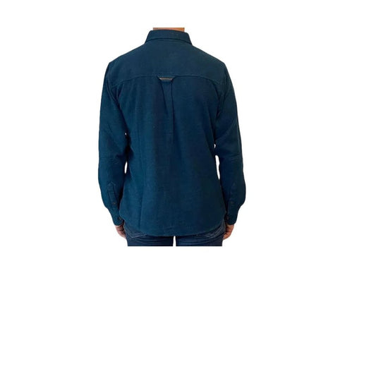 Back view of the Flyshacker 2 Tone Solid Cavalry Twill Shirt, 7 oz in KHA, showing the collar and back panel against a white background.