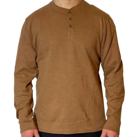 A front view of the Flyshacker Men's Firside Flatback Rib Henley in Black Heather showing the three-button placket against a plain white background.