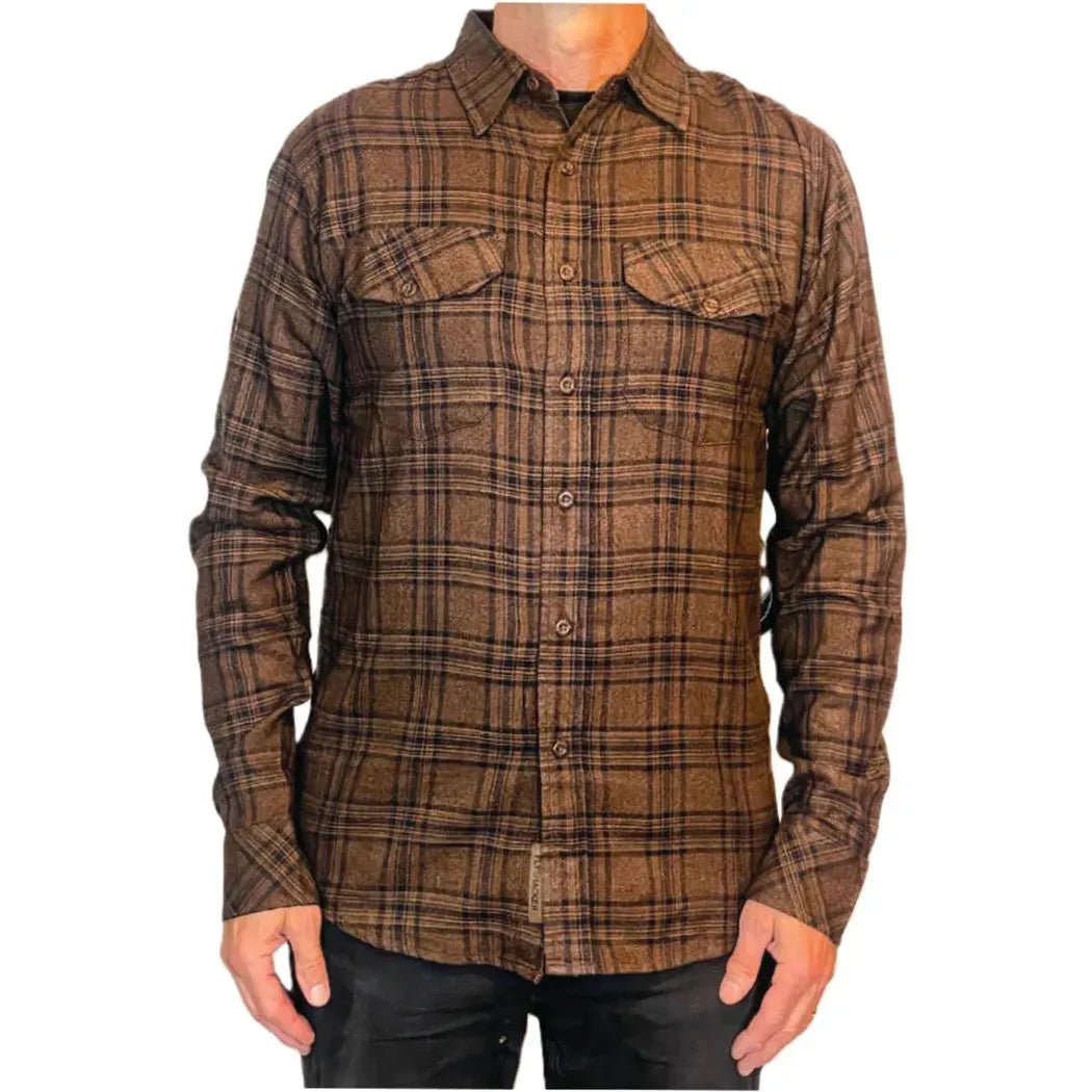 A front view of the Flyshacker Men's Wyatt Flannel Shirt - 6 oz in Dark Whiskey showing the chest pockets and button front against a white background.
