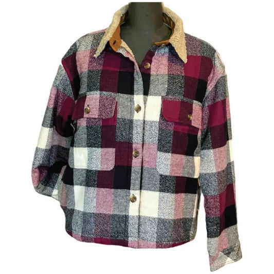 A front view of the Flyshacker Women's Maple Falls Berber Lined Jacket in Chocolate/Turquoise on a mannequin with a white background.