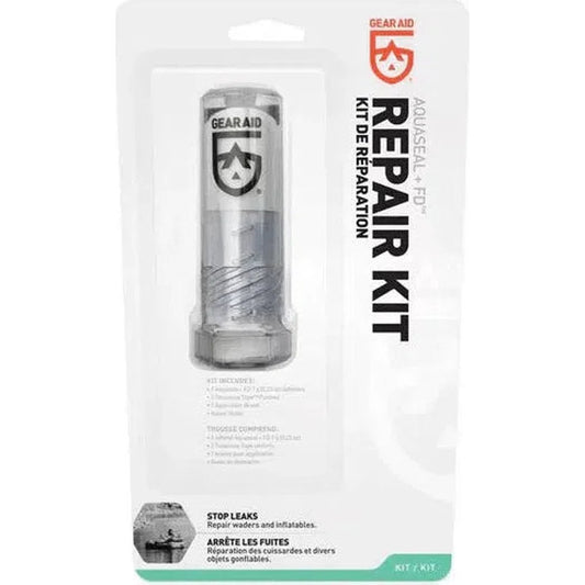 Front view of the Gear Aid Aquaseal FD Repair Kit in its clear plastic packaging with text on the right side.