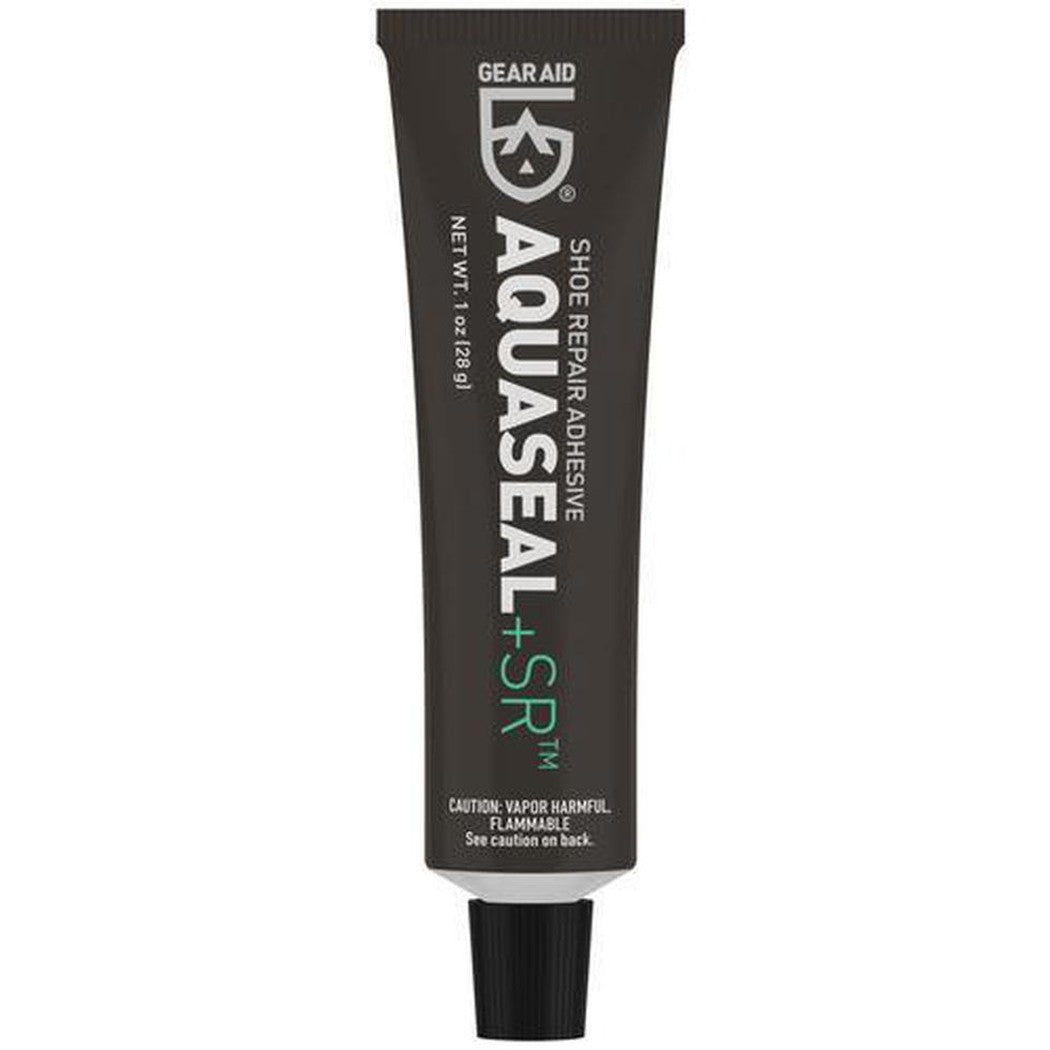 A black tube of Gear Aid Aquaseal SR Shoe Repair Adhesive with a black cap, showing the product label and caution text.
