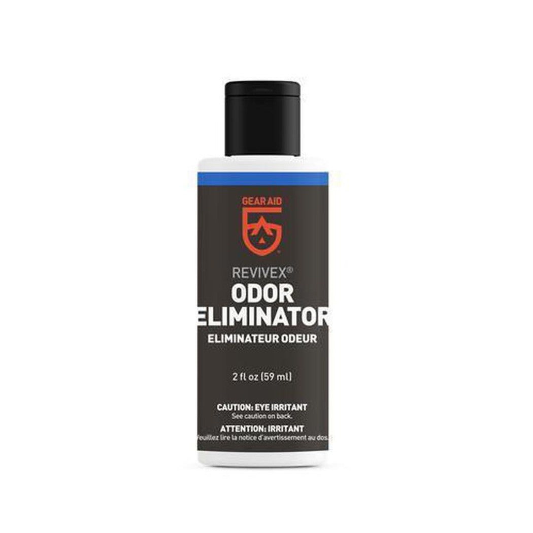 A front view of the Gear Aid Revivex Odor Eliminator 2oz bottle against a white background.
