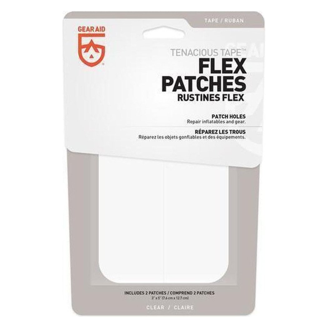 Clear Gear Aid Tenacious Tape Flex Patches package showing the clear patches and text on a white background.