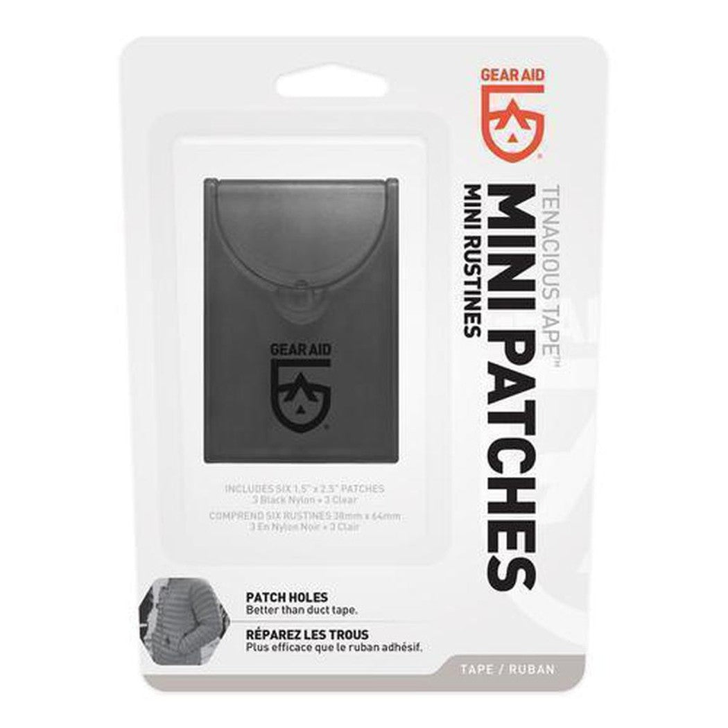Front view of Gear Aid Tenacious Tape Mini Patches package showing the black patch and text against a white background.