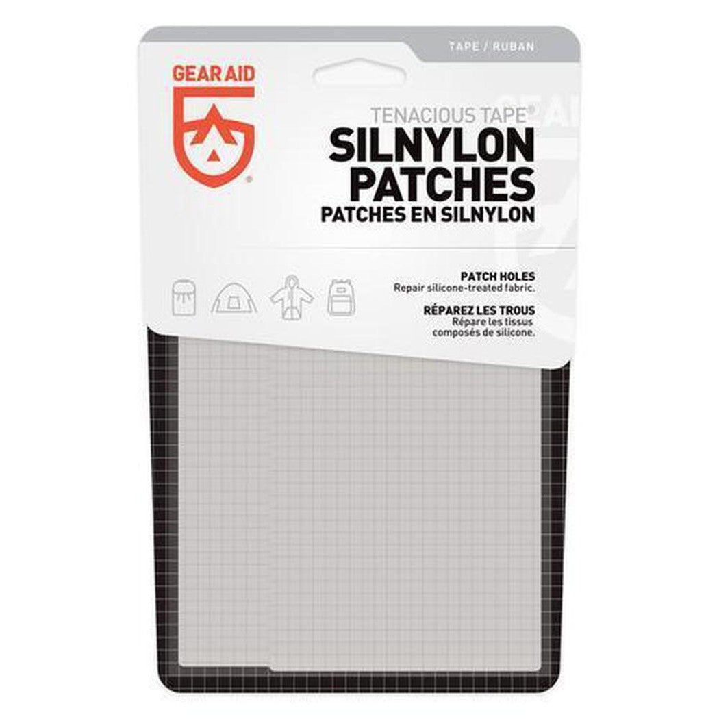 Front view of Gear Aid Tenacious Tape Sil-Nylon Patches package showing the grid-patterned patch sheet against a white background.