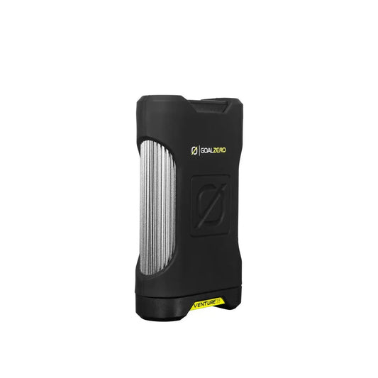 Side view of the GoalZero Venture 35 + Nomad 10 Solar Kit in black showing the textured side panel and yellow "Venture" label against a white background.