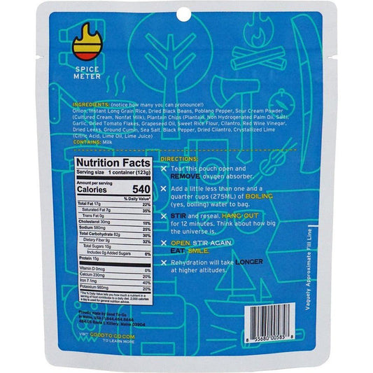 Back of the Good To-Go Cuban Rice Bowl backpacking food package showing nutrition facts and directions on a blue background.