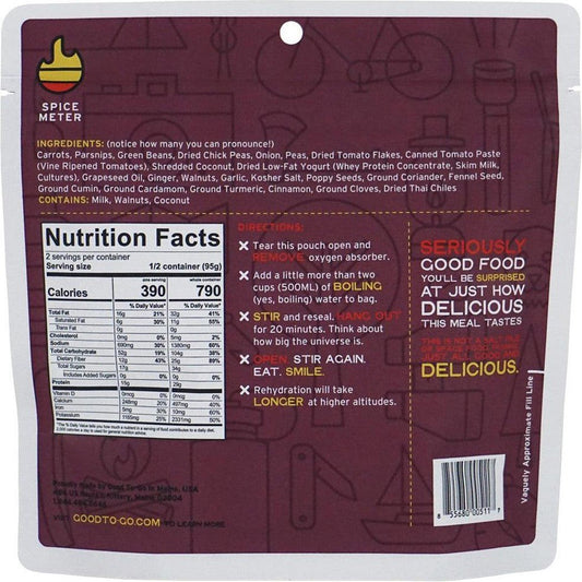 Back of the Good To-Go Indian Vegetable Korma - Double Serving backpacking food package showing nutrition facts and preparation instructions.