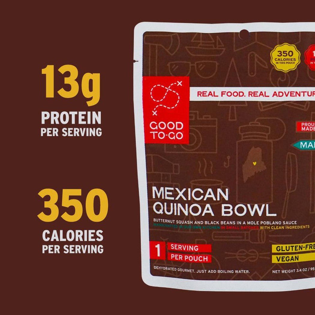 A front view of the Good To-Go Mexican Quinoa Bowl backpacking food pouch showing its 13g protein and 350 calories per serving.