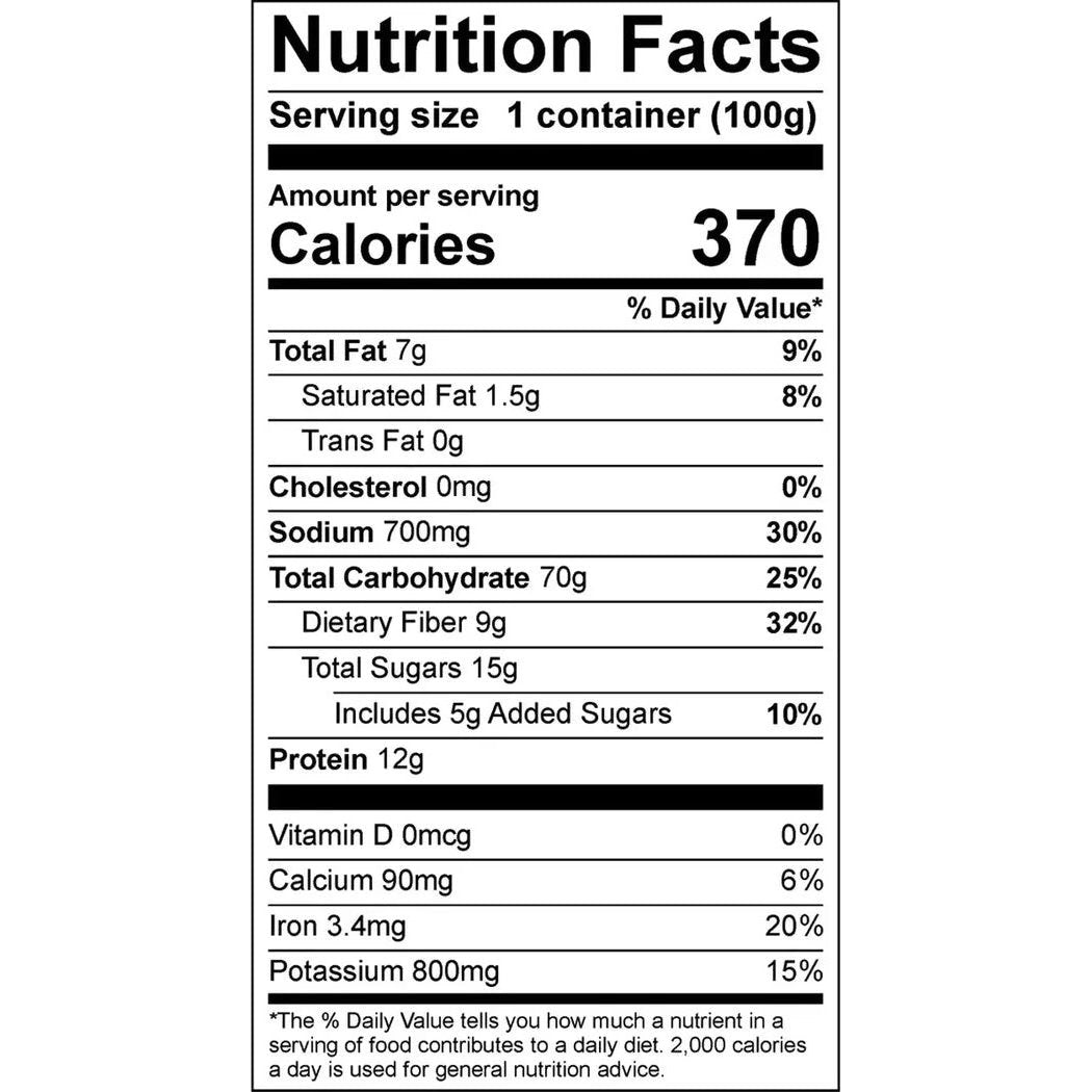 The photo shows a close-up of the "Good To-Go Pasta Marinara" nutrition facts label on a white background.