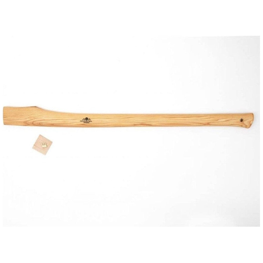 A long straight wooden handle for an American felling axe with a small tag visible below it against a white background.