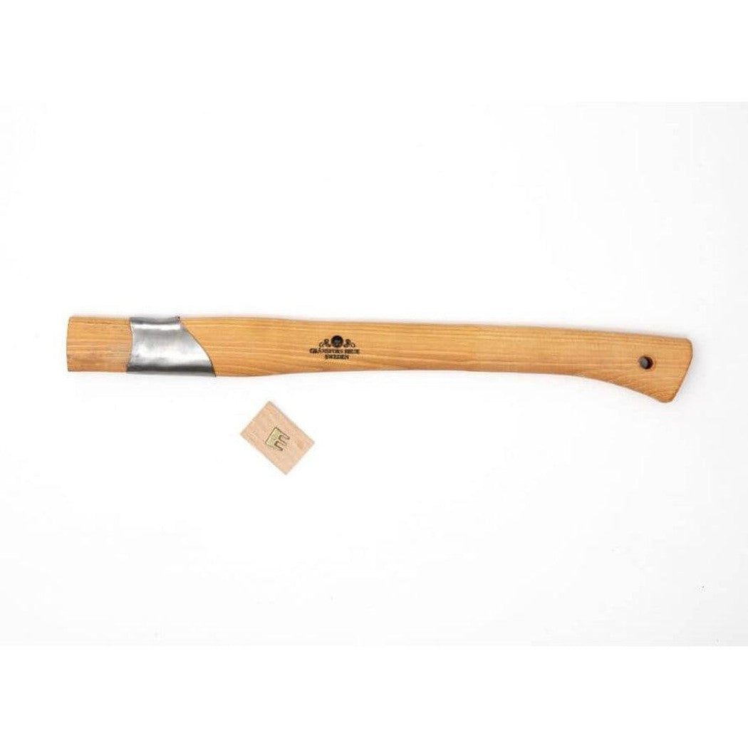 A natural, complete sentence describing the photo: The Gransfors Bruk Handle for Splitting Hatchet is shown in a side view with a white background and a small tag below it.