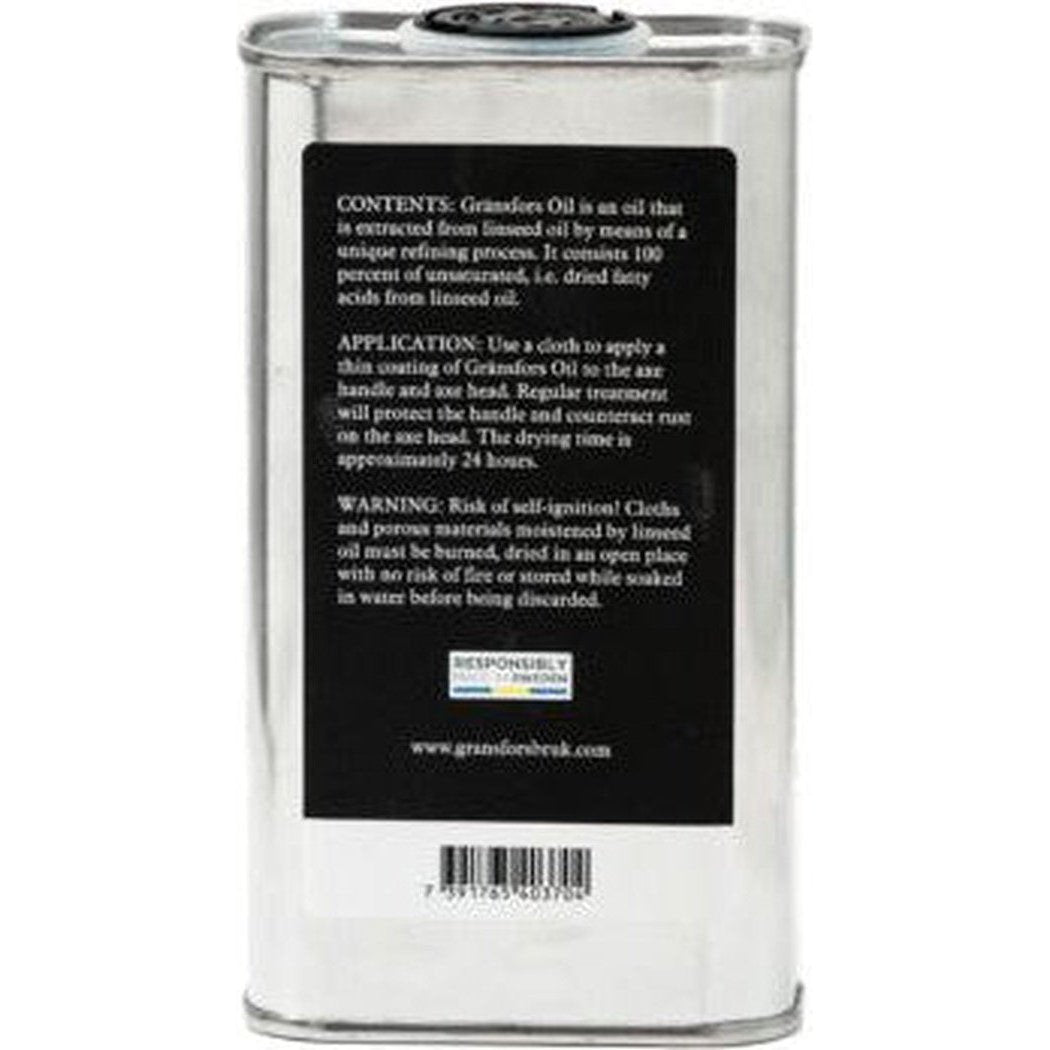 Back view of the Gransfors Bruk Oil can showing the black label with product details and a barcode against a white background.