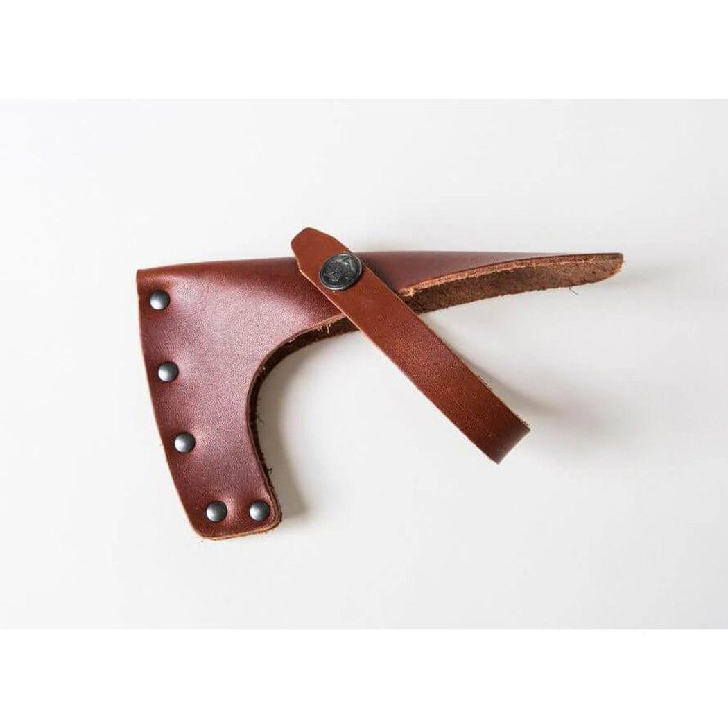 A brown leather Gransfors Bruk Sheath for Hunters Axe with metal rivets and a strap, photographed from above on a white background.