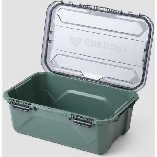 A top-down view of the Gregory Alpaca Gear Box 45 in Nomad Green with its hinged lid open, showing the interior and latches.